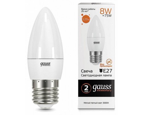 Лампа светодиодная Gauss LED Elementary Candle E27 8Вт 3000K 33218