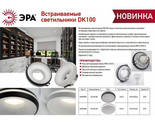 Встраиваемый светильник Эра DK100 WH Б0055588