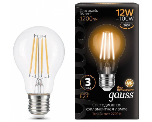 Лампа светодиодная Gauss Filament A60 E27 12 Вт 2700 K 102902112