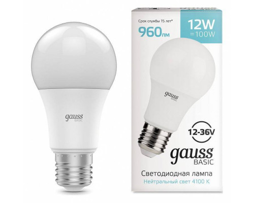 Лампа светодиодная Gauss Basic A60 E27 12 Вт 4100 K 202402212