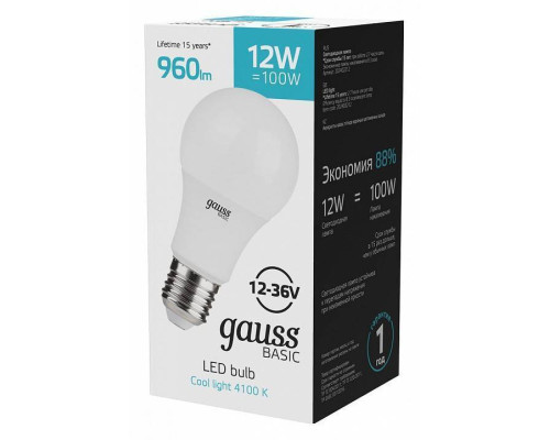 Лампа светодиодная Gauss Basic A60 E27 12 Вт 4100 K 202402212