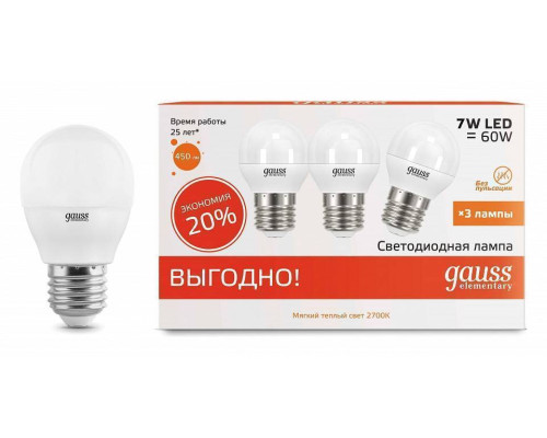 Набор светодиодных ламп Gauss Elementary G45 E27 7 Вт 3000 K 3 шт. 53217T