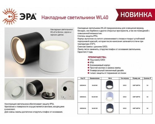 Накладной светильник Эра WL40 WH Б0054415