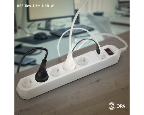 Удлинитель с выключателем Эра  USF-5es-1.5m-USB-W