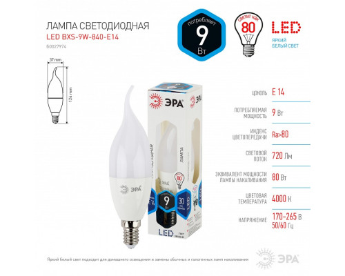 Лампа светодиодная Эра Стандарт LED BXS-9W-840-E14