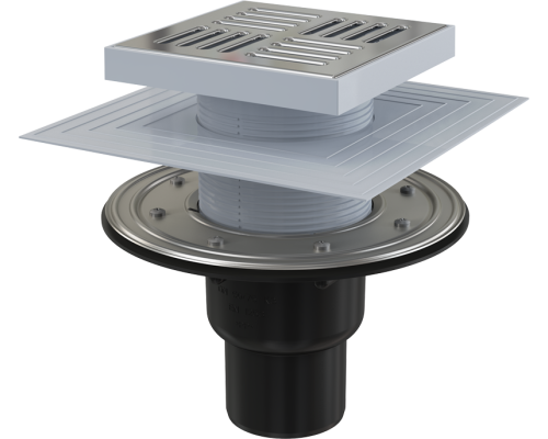 Сливной трап 150 × 150/50/75, подводка – прямая, решетка – нерж. сталь, фланец –нерж., арт.APV4444