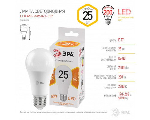 Лампа светодиодная Эра Стандарт LED A65-25W-827-E27