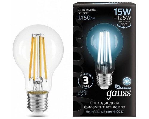 Лампа светодиодная Gauss Filament A60 E27 15 Вт 4100 K 102902215