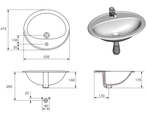 Раковина в столешницу CALLA 54 1 отв.