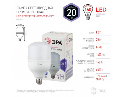 Лампа светодиодная Эра  LED POWER T80-20W-6500-E27