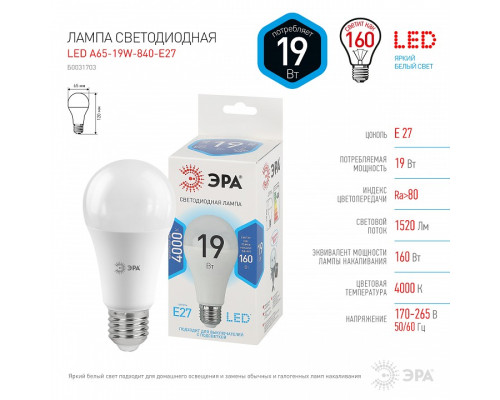 Лампа светодиодная Эра Стандарт LED A65-19W-840-E27