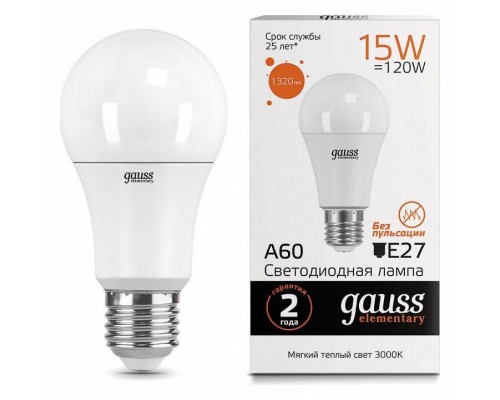 Лампа светодиодная Gauss Led Elementary A60 E27 15Вт 3000K 23215