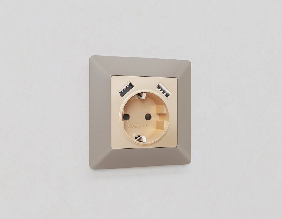 Накладка для розетки с заземлением и со шторками и 2хUSB type A Ambrella Volt Quant AP6090