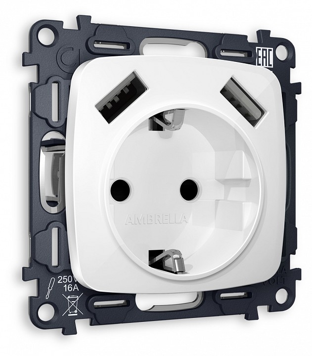 Розетка с заземлением и 2хUSB type A, без рамки Ambrella Volt MO MO109010