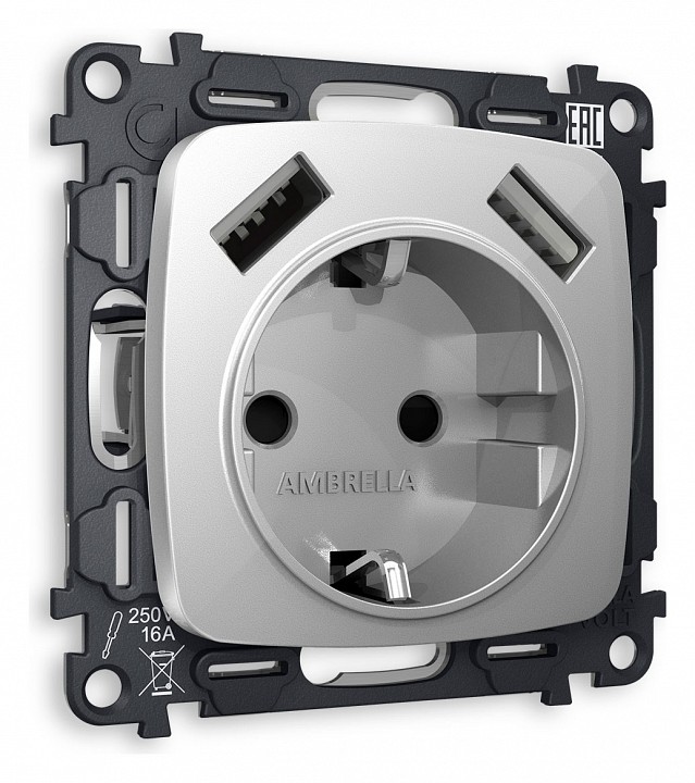 Розетка с заземлением и 2хUSB type A, без рамки Ambrella Volt Quant MO409010