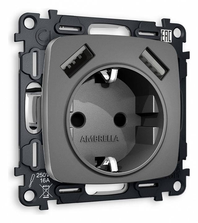 Розетка с заземлением и 2хUSB type A, без рамки Ambrella Volt Quant MO659010