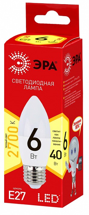 Лампа светодиодная Эра  ECO LED B35-6W-827-E27 R