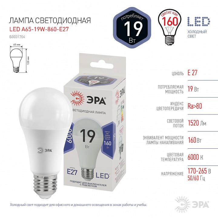 Лампа светодиодная Эра Стандарт LED A65-19W-860-E27