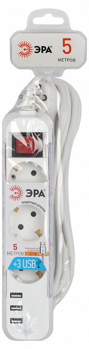 Удлинитель с выключателем Эра  U-3es-5m-USB