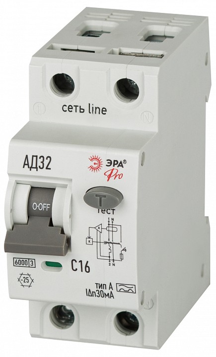 Дифференциальный автоматический выключатель электронный 1P+N Эра АД-32 D326E2C16А10