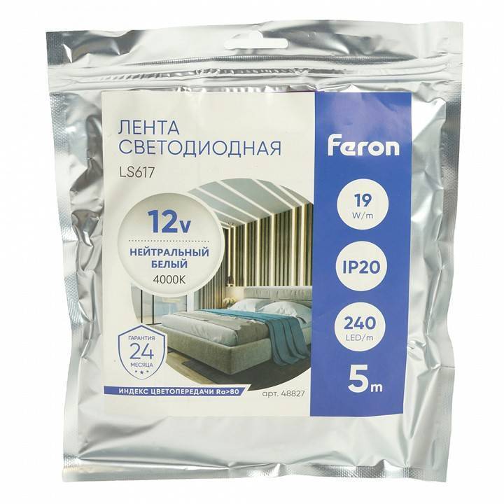 Лента светодиодная Feron LS617 9.6 Вт/м 12 В IP20 4000 К 5 м 48827