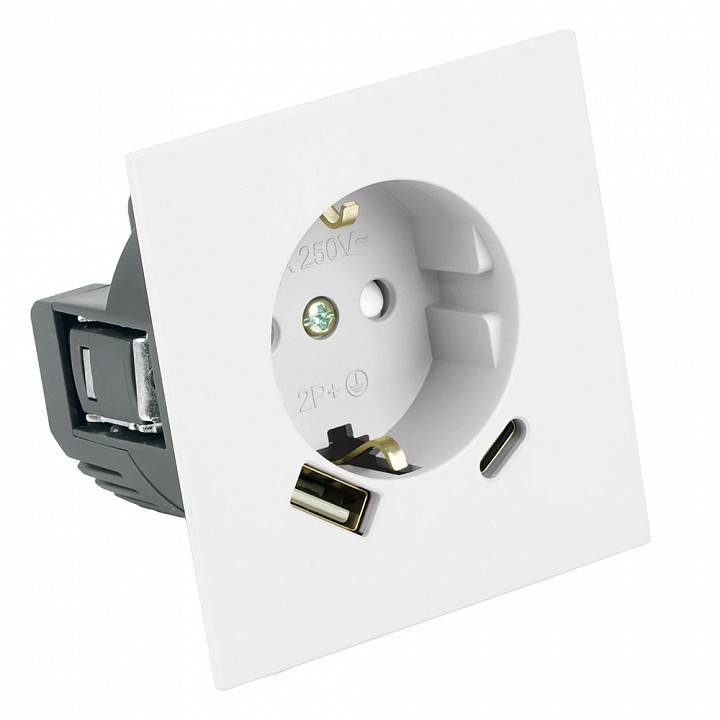 Розетка с заземлением и со шторкой и 2хUSB type A и C, без рамки Stekker Мия 50438