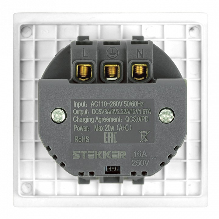 Розетка с заземлением и со шторкой и 2хUSB type A и C, без рамки Stekker Мия 50438