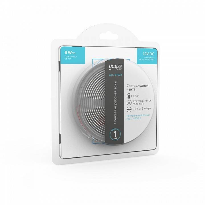 Лента светодиодная Gauss Basic 14.4 Вт/м 12 В IP20 6500 К 5 м BT023