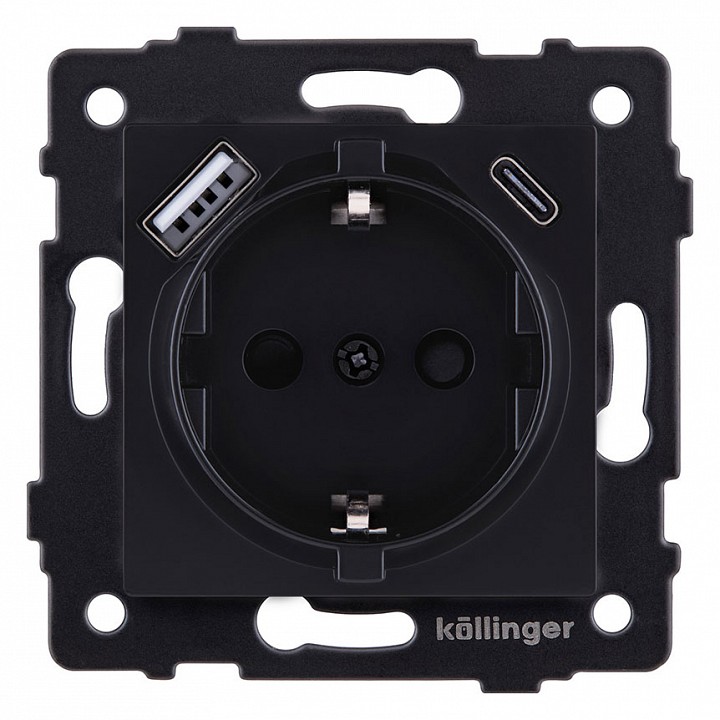 Розетка с заземлением и со шторкой и 2хUSB type A и C, без рамки Kollinger  REA-004BM