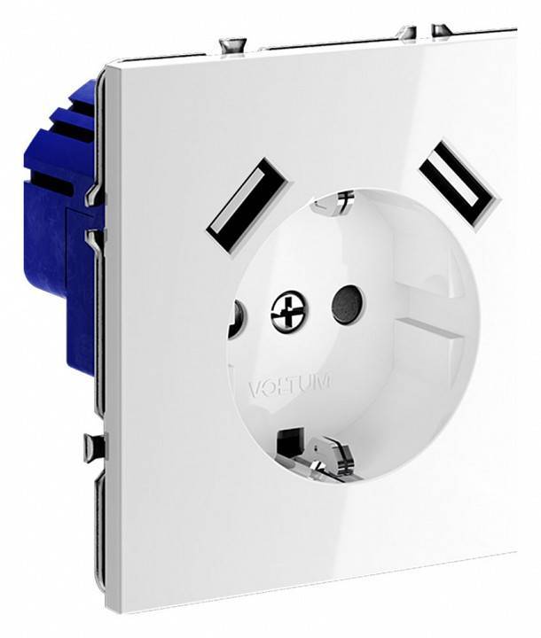 Розетка с заземлением и со шторкой и 2хUSB type A, без рамки Voltum S70 VLS040401