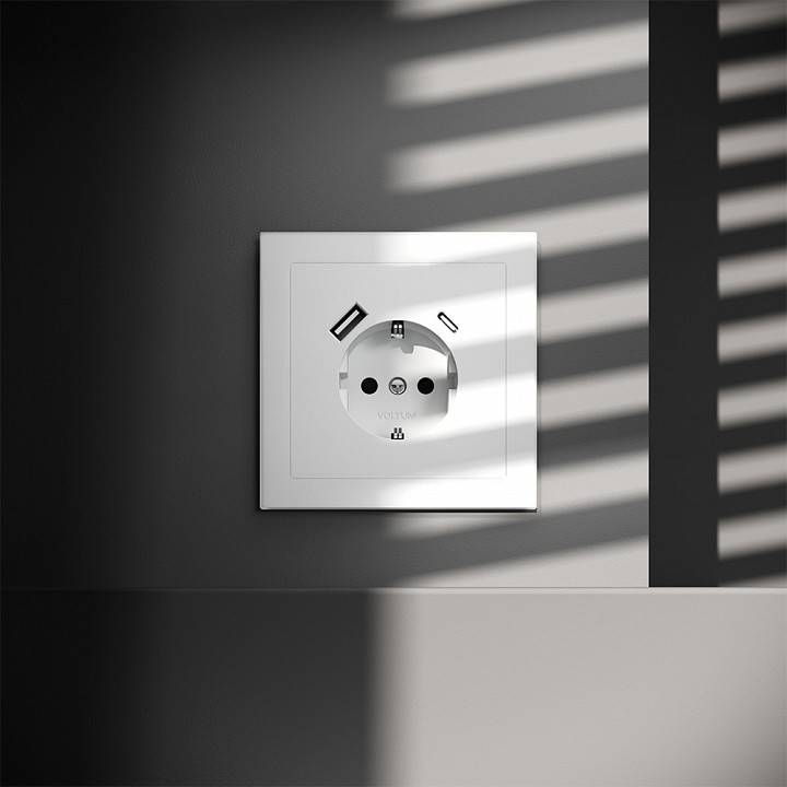 Розетка с заземлением и со шторкой и 2хUSB type A и C, без рамки Voltum S70 VLS040502