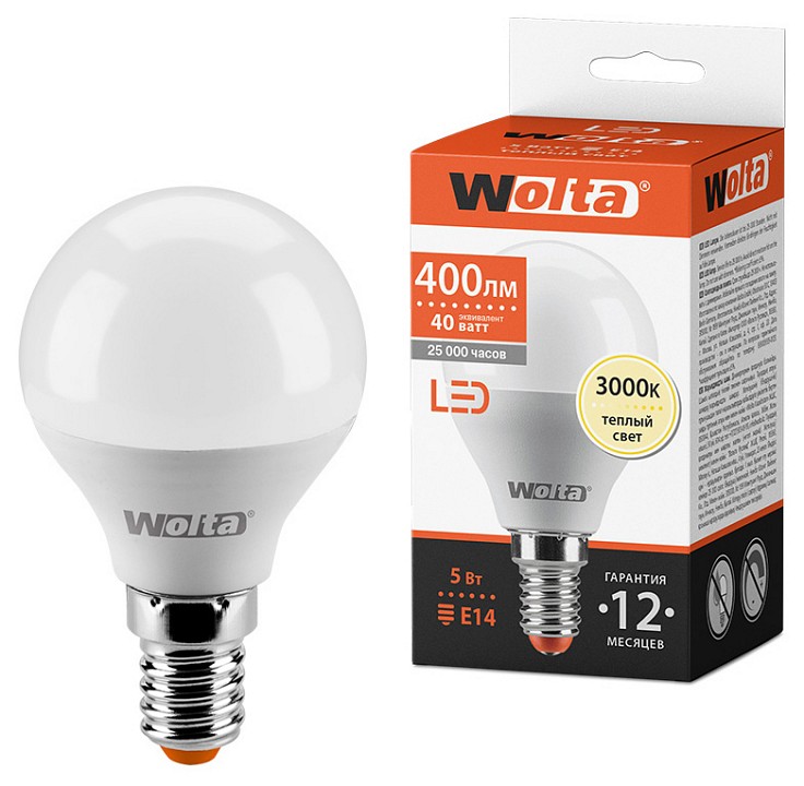 Лампа светодиодная Wolta G45 E14 5 Вт 3000K 25Y45GL5E14