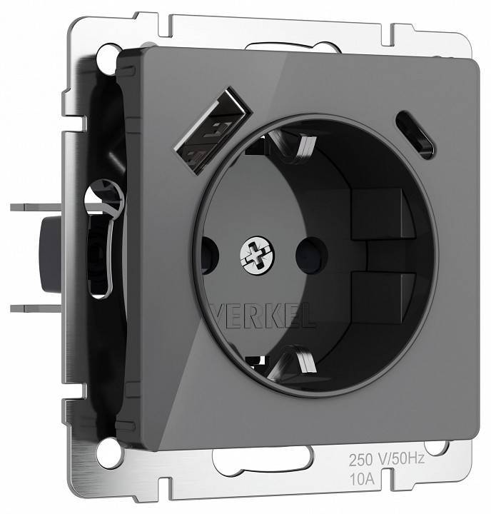 Розетка с заземлением и с шторками и 2хUSB, без рамки Werkel Графит акрил W1171744