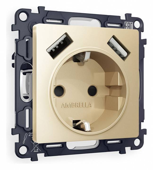 Розетка с заземлением и со шторкой и 2хUSB type A, без рамки Ambrella Volt Quant MA609010