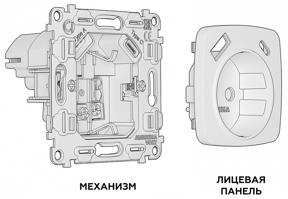 Розетка с заземлением и 2хUSB type A и C, без рамки Ambrella Volt MO MO110010