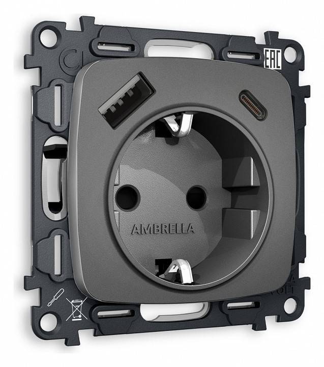 Розетка с заземлением и 2хUSB type A и C, без рамки Ambrella Volt Quant MO660010