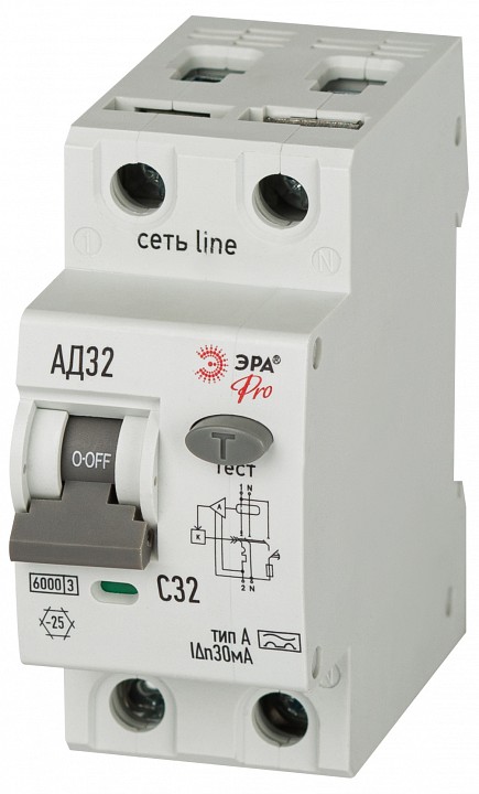 Дифференциальный автоматический выключатель электронный 1P+N Эра АД-32 D326E2C32А30