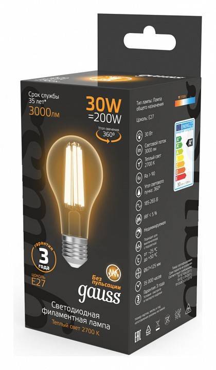 Лампа светодиодная Gauss Filament A70 E27 30 Вт 2700 K 102902130