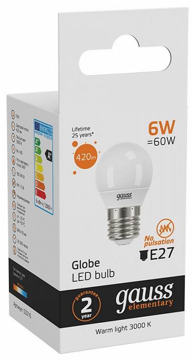 Лампа светодиодная Gauss Elementary A60 6 Вт E27 3000 К 53216
