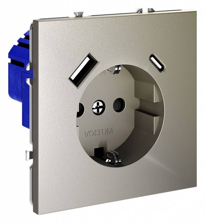 Розетка с заземлением, шторками и 2xUSB Type-A/C Voltum S70 VLS040504