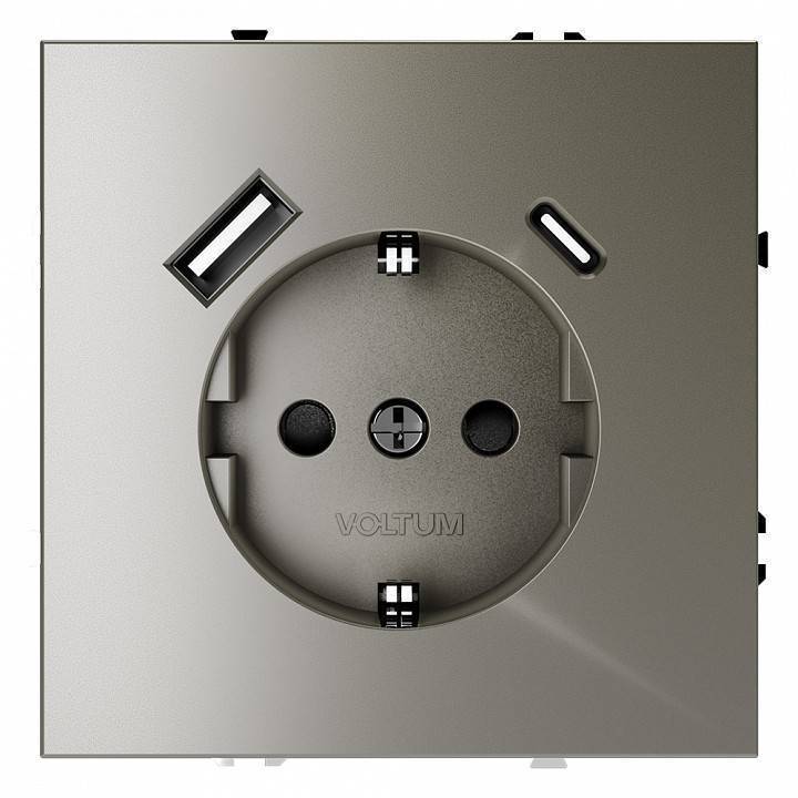 Розетка с заземлением, шторками и 2xUSB Type-A/C Voltum S70 VLS040504