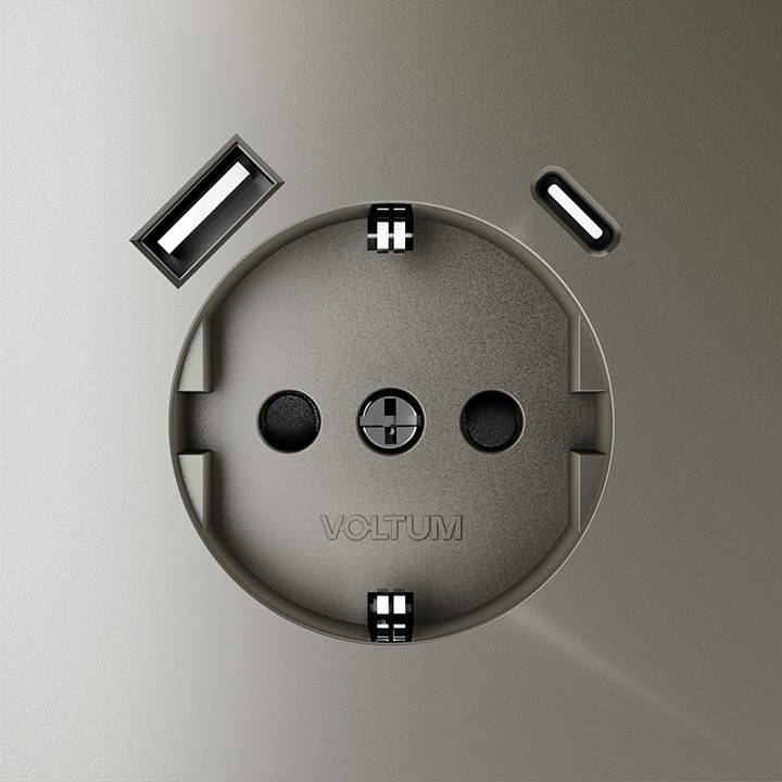 Розетка с заземлением, шторками и 2xUSB Type-A/C Voltum S70 VLS040504