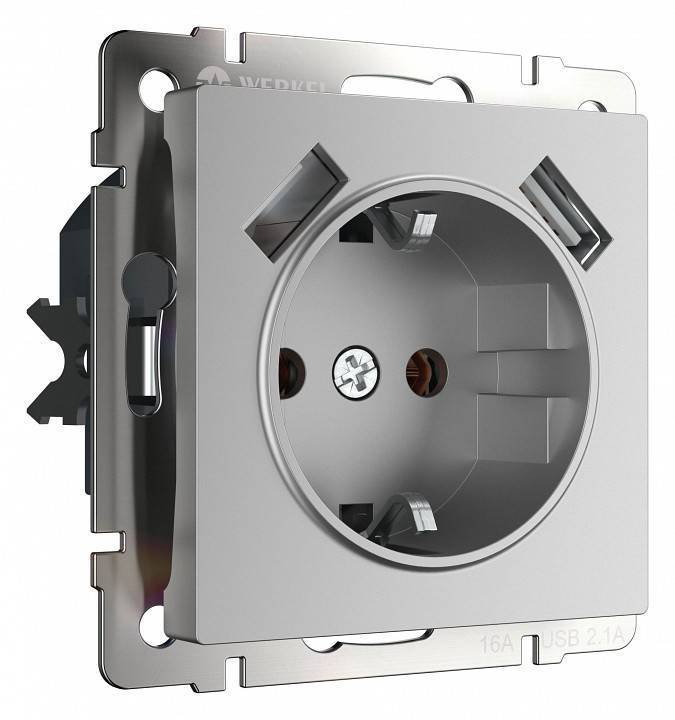 Розетка с заземлением шторками и 2xUSB без рамки Werkel серебряный W1171506