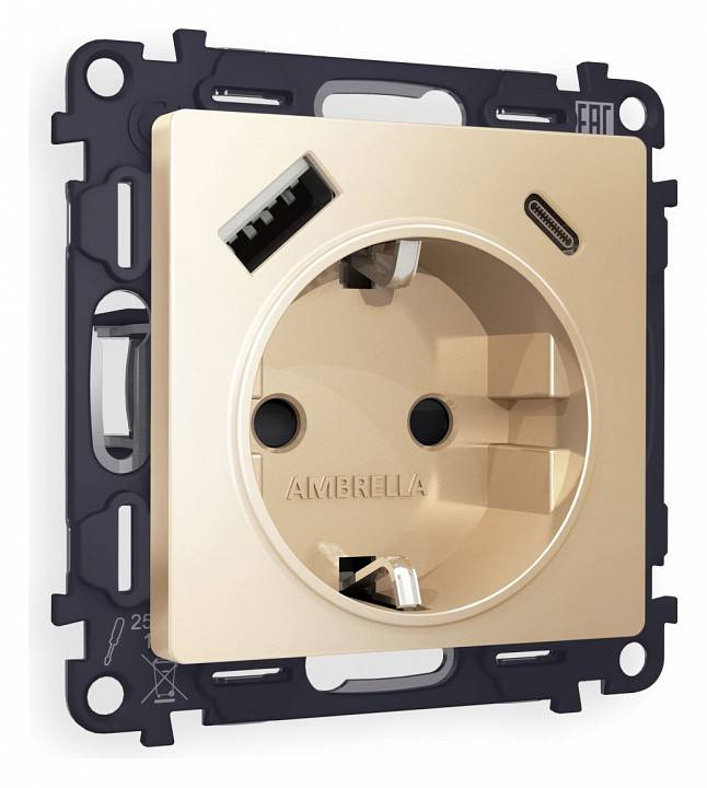 Розетка с заземлением и 2хUSB type A и C, без рамки Ambrella Volt Quant MA610010