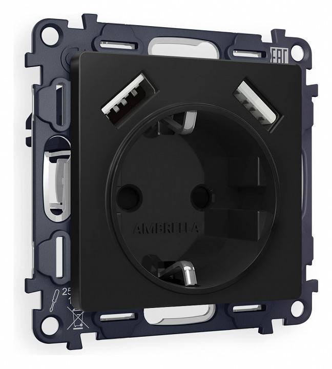 Розетка с заземлением и со шторкой и 2хUSB type A, без рамки Ambrella Volt Quant MA809010