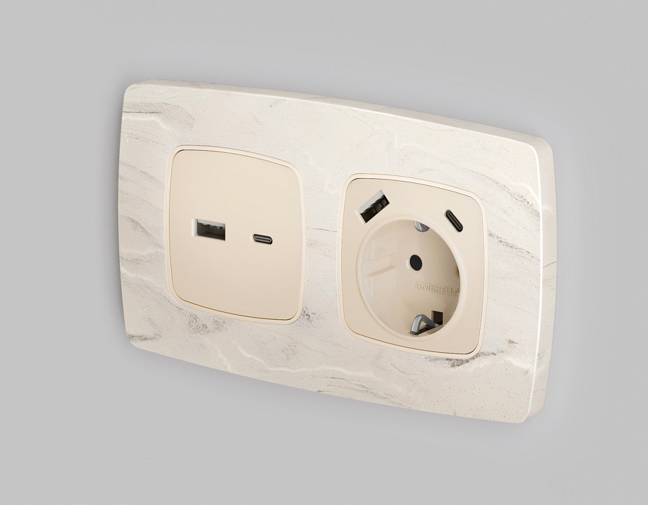 Накладка для розетки с заземлением и со шторками и 2хUSB type A и C Ambrella Volt Quant OP3300