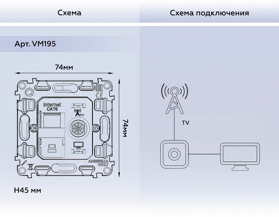 Механизм ТВ-розетки оконечные и розетки Ethernet RJ-45 со шторкам Ambrella Volt QUANT VM195