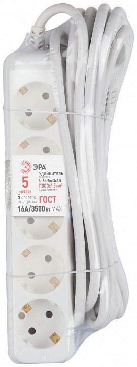 Удлинитель ЭРА U-5e-5m-3x1,5 5 розеток 5 м 3х1.5 мм² U-5e-5m-3x1,5