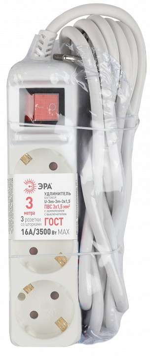 Удлинитель с выключателем ЭРА U-3es-3m 3 розетки 3 м 3х1.5 мм² U-3es-3m-3x1,5