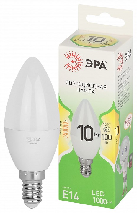 Лампа светодиодная ЭРА Green Line Свеча B35 10 Вт E14 3000 К LED B35-10W-830-E14 GL